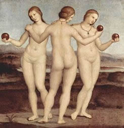 Raffaello: “Le tre Grazie”, realizzato con tecnica ad olio su tavola nel 1504 (5) , misura 17 x 17 cm. ed è custodito nel Museo Condé, Chantilly.